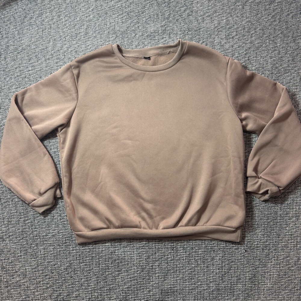 Womens XL Taupe Brown Crewneck Sweatshirt Fleece Lined Pullover Minimalist Basic